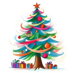 Vibrant illustration of a Christmas tree adorned with festive decorations and wrapped gifts underneath, exuding joy and celebration