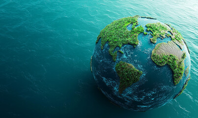 A globe covered in greenery floats in blue water, symbolizing environmental awareness and the connection between land and sea.