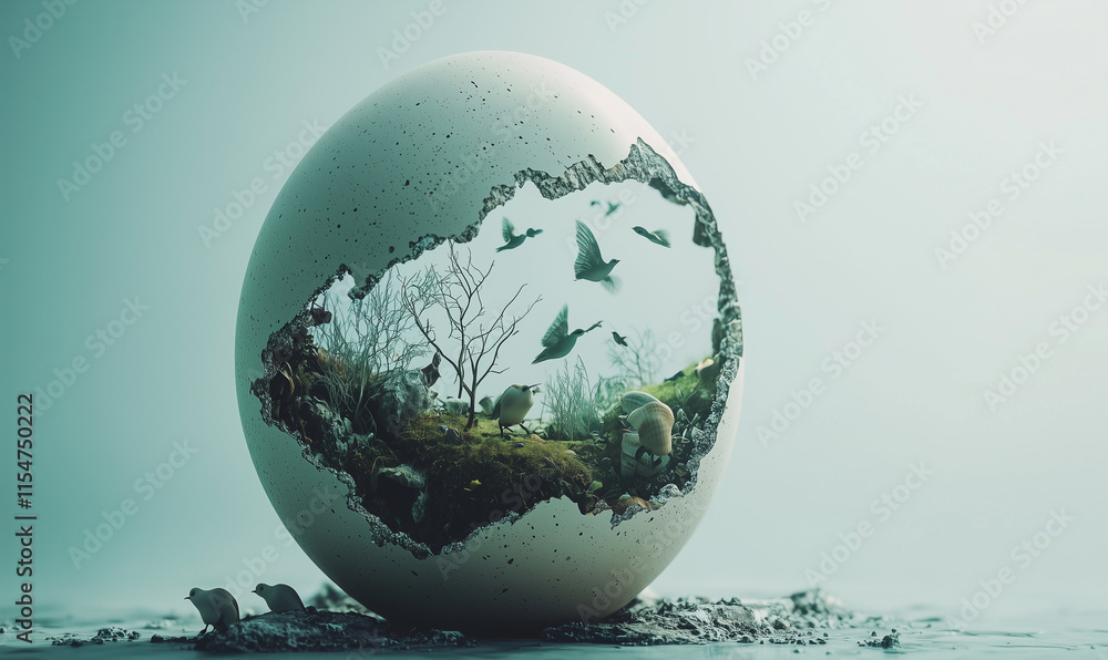 Poster a surreal egg with a reflective surface containing a miniature landscape, featuring elements of natu