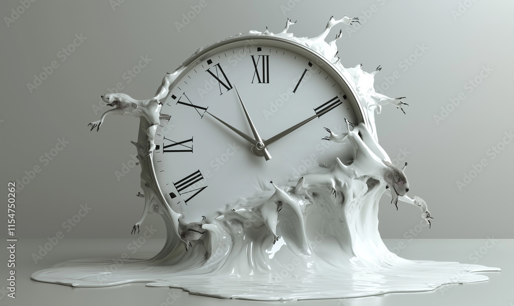 Poster a clock seemingly melting into a liquid surface, symbolizing the fluidity of time and the passage of