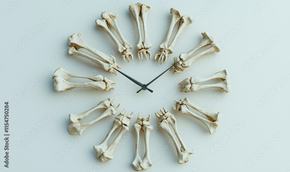 Poster clock made of animal bones arranged in a circular pattern, with two clock hands in the center, set a