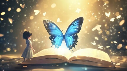 Naklejka premium Enchanting Anime-Style 2D Illustration: A Blue Butterfly Emerges from a Cone of Light onto an Open Magic Book, Captivating a Small Child's Wonder