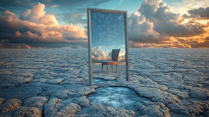 Surreal scene with a mirror reflecting the sky and a chair, placed in a cracked desert landscape under dramatic clouds, symbolizing imagination and alternate realities.