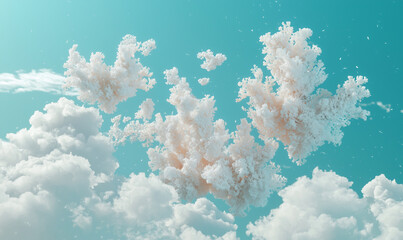 Fototapeta premium Digital clouds float serenely in a turquoise sky, resembling soft, fluffy formations with a whimsical, dreamy aesthetic.