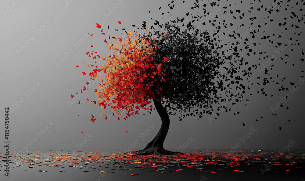 Poster a tree dissolving into colorful leaves against a gray background, symbolizing transformation and cha