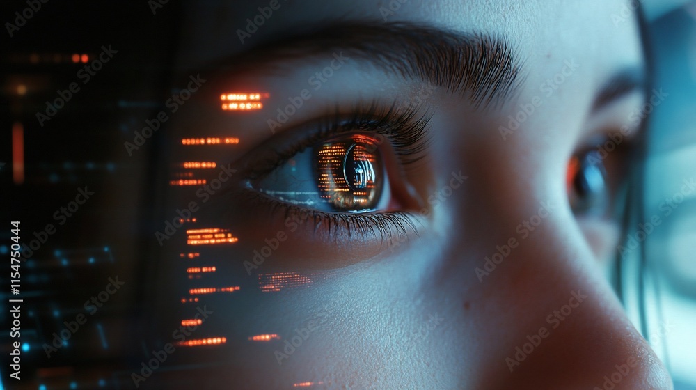 Poster a close-up of an eye reflecting digital data and futuristic elements.