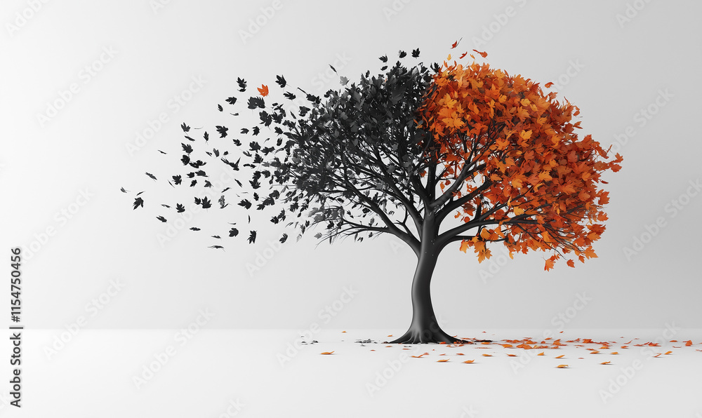Poster a tree transitioning from vibrant autumn leaves to a monochrome side, symbolizing change and transfo