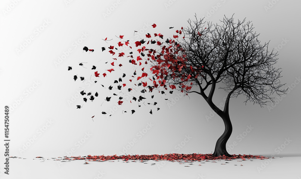 Poster a stylized tree with black branches dispersing colorful leaves, symbolizing change and transformatio