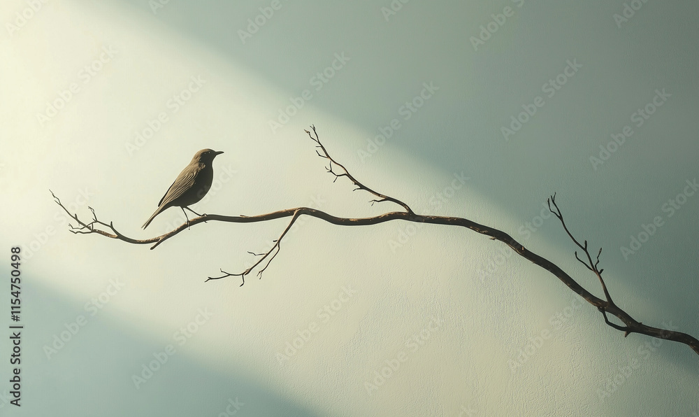 Poster a solitary bird perched on a branch, illuminated by soft light, creating a tranquil and serene atmos