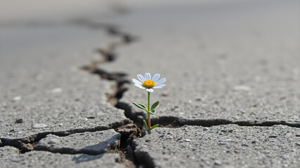 Resilience: A single daisy bravely pushes through a crack in the pavement, a testament to the enduring power of life and hope.