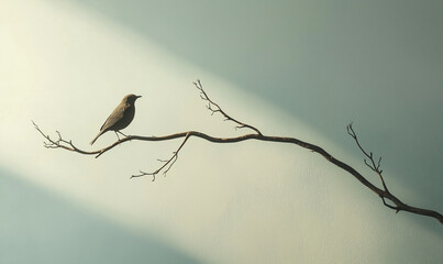 A solitary bird perched on a branch, illuminated by soft light, creating a tranquil and serene atmosphere.