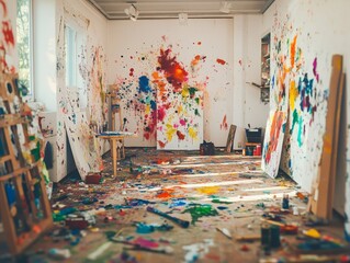 A creative art studio filled with canvases, paint splatters, and brushes, vibrant colors, soft ambient light, energetic and inspiring atmosphere