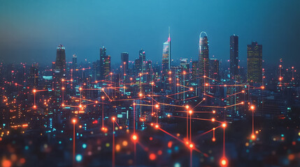 Fototapeta premium Smart digital Innovation city with connection network reciprocity over the cityscape. of future smart wireless city and social media networking systems that connects business people with in city