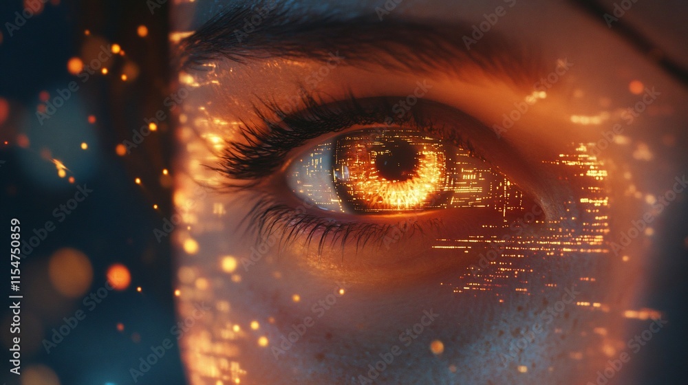 Poster a close-up of an eye with digital elements and glowing particles.