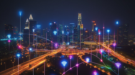 Fototapeta premium Smart digital Innovation city with connection network reciprocity over the cityscape. of future smart wireless city and social media networking systems that connects business people with in city