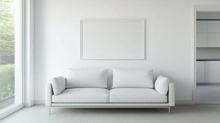 Fototapeta premium Minimalist white living room with sofa and blank frame.