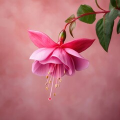 Delicate Pink Fuchsia Flower with Green Leaves on Soft Background