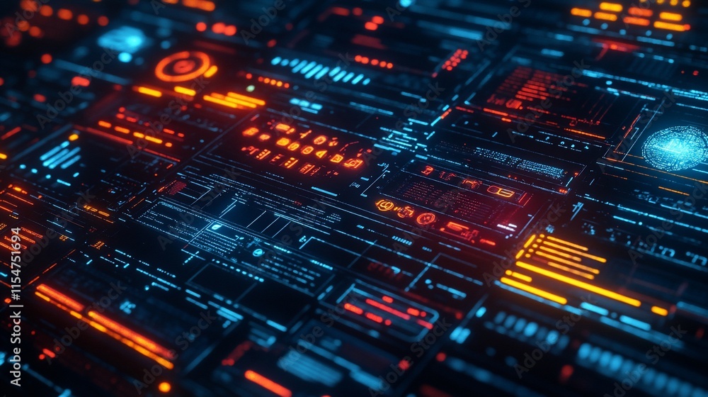 Poster a digital interface with glowing data panels and futuristic graphics.