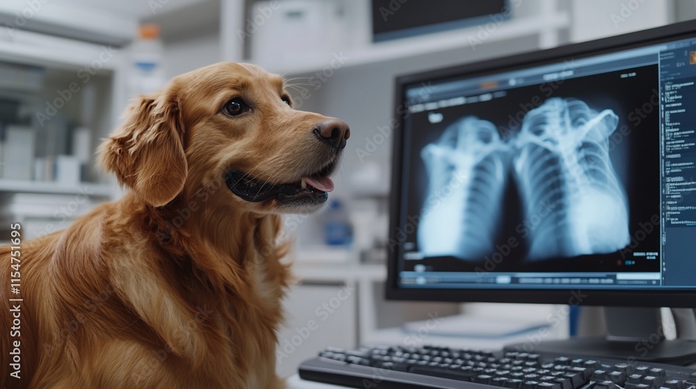 Poster a dog observes its x-ray results on a computer screen in a veterinary setting.