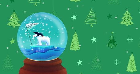 Snow globe with polar bear and north pole sign over christmas trees and stars on green background