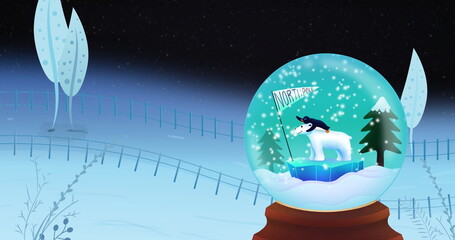Christmas snow globe with trees and polar bear in north pole over winter field at night