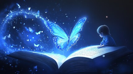 Naklejka premium Enchanting Anime-Style 2D Illustration: A Blue Butterfly Emerges from a Cone of Light onto an Open Magic Book, Captivating a Small Child's Wonder