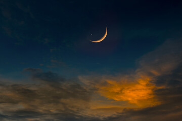 Background night sky of with crescent moon,and stars .Background Greeting card for the holy month...