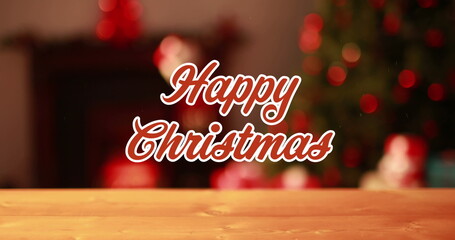 Image of christmas greetings text over yellow lights and christmas decorations © vectorfusionart