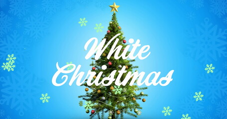 Image of christmas greetings text over christmas tree and decorations