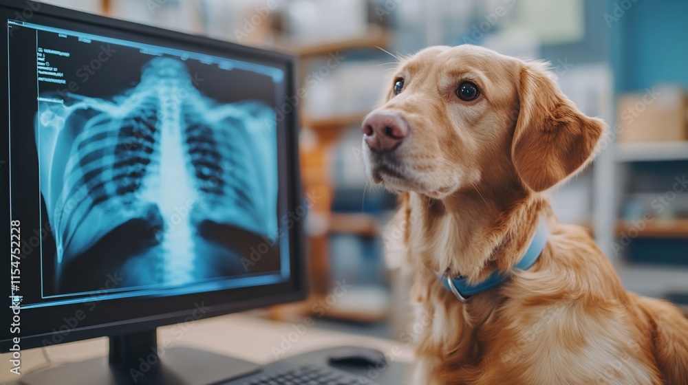 Poster a dog sits beside a computer displaying an x-ray image of its chest.