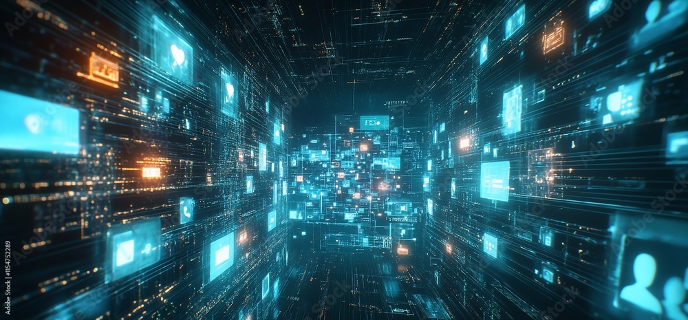 Poster a digital landscape representing data flow and connectivity in cyberspace.
