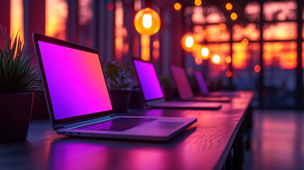 Modern neon cyberpunk open space office with blurred technology overlay, representing corporate strategy and teamwork in finance, operations, and marketing with computers and work tables in a high-tec