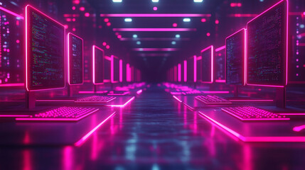 Modern neon cyberpunk open space office with blurred technology overlay, representing corporate strategy and teamwork in finance, operations, and marketing with computers and work tables in a high-tec