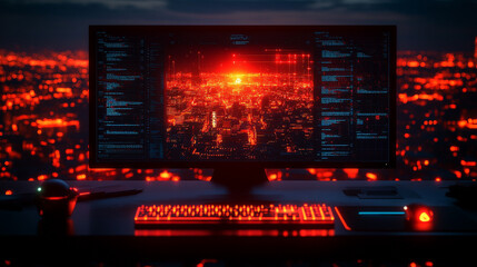 Modern neon cyberpunk open space office with blurred technology overlay, representing corporate strategy and teamwork in finance, operations, and marketing with computers and work tables in a high-tec