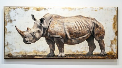 Fototapeta premium Majestic Rhino in Textured Canvas Art: A Powerful Wildlife Painting