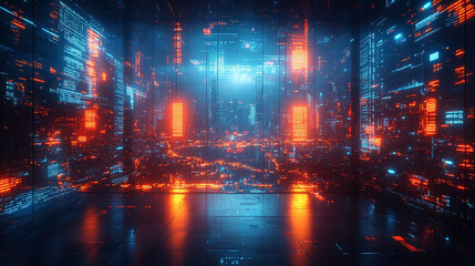 Modern neon cyberpunk open space office with blurred technology overlay, representing corporate strategy and teamwork in finance, operations, and marketing with computers and work tables in a high-tec