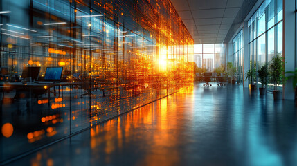 Modern neon cyberpunk open space office with blurred technology overlay, representing corporate strategy and teamwork in finance, operations, and marketing with computers and work tables in a high-tec