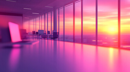 Modern neon cyberpunk open space office with blurred technology overlay, representing corporate strategy and teamwork in finance, operations, and marketing with computers and work tables in a high-tec