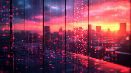 Modern neon cyberpunk open space office with blurred technology overlay, representing corporate strategy and teamwork in finance, operations, and marketing with computers and work tables in a high-tec