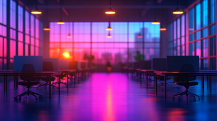 Modern neon cyberpunk open space office with blurred technology overlay, representing corporate strategy and teamwork in finance, operations, and marketing with computers and work tables in a high-tec