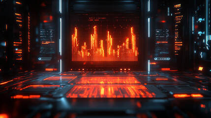 Modern neon cyberpunk open space office with blurred technology overlay, representing corporate strategy and teamwork in finance, operations, and marketing with computers and work tables in a high-tec