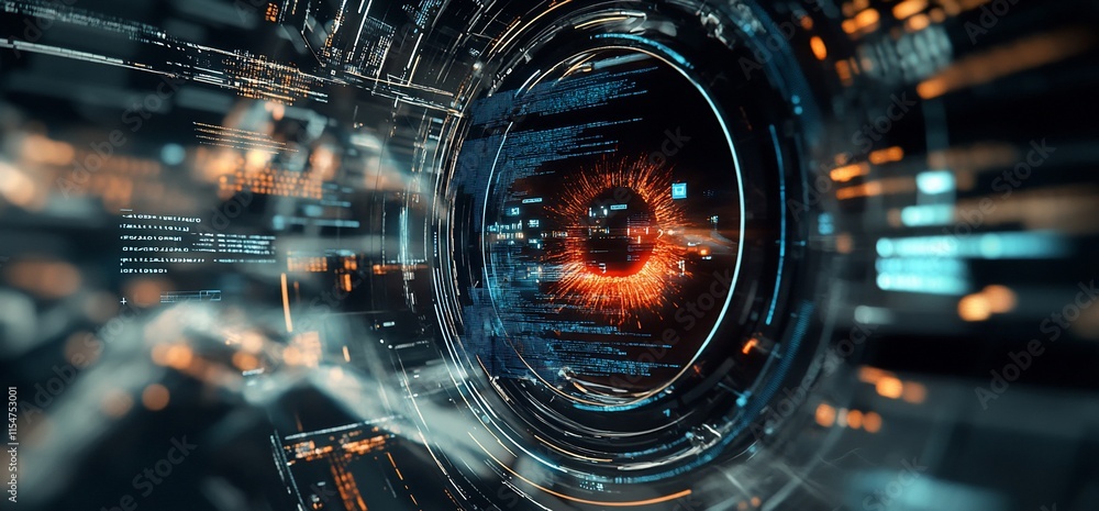 Poster a futuristic digital eye surrounded by data streams and glowing elements.