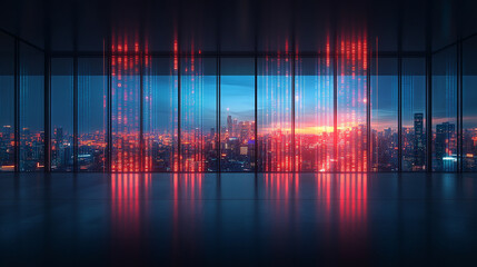 Modern neon cyberpunk open space office with blurred technology overlay, representing corporate strategy and teamwork in finance, operations, and marketing with computers and work tables in a high-tec