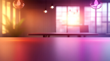 Modern neon cyberpunk open space office with blurred technology overlay, representing corporate strategy and teamwork in finance, operations, and marketing with computers and work tables in a high-tec