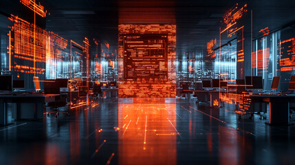 Modern neon cyberpunk open space office with blurred technology overlay, representing corporate strategy and teamwork in finance, operations, and marketing with computers and work tables in a high-tec