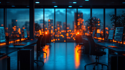 Modern neon cyberpunk open space office with blurred technology overlay, representing corporate strategy and teamwork in finance, operations, and marketing with computers and work tables in a high-tec