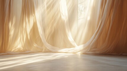 [Warm Natural Light Streaming Through Windows] Serene Indoor Scene with Warm Natural Light Streaming Through Billowing Curtains
