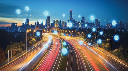 Fototapeta premium Smart digital Innovation city with connection network reciprocity over the cityscape. of future smart wireless city and social media networking systems that connects business people with in city