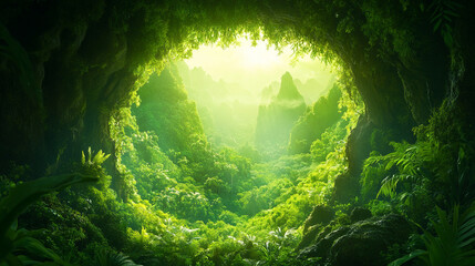 A natural archway formed by intertwining branches in a vibrant forest, symbolizing harmony, growth, and the beauty of nature's chaotic yet balanced forces

