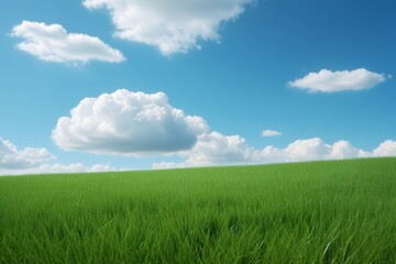 there is a green field with a blue sky and clouds